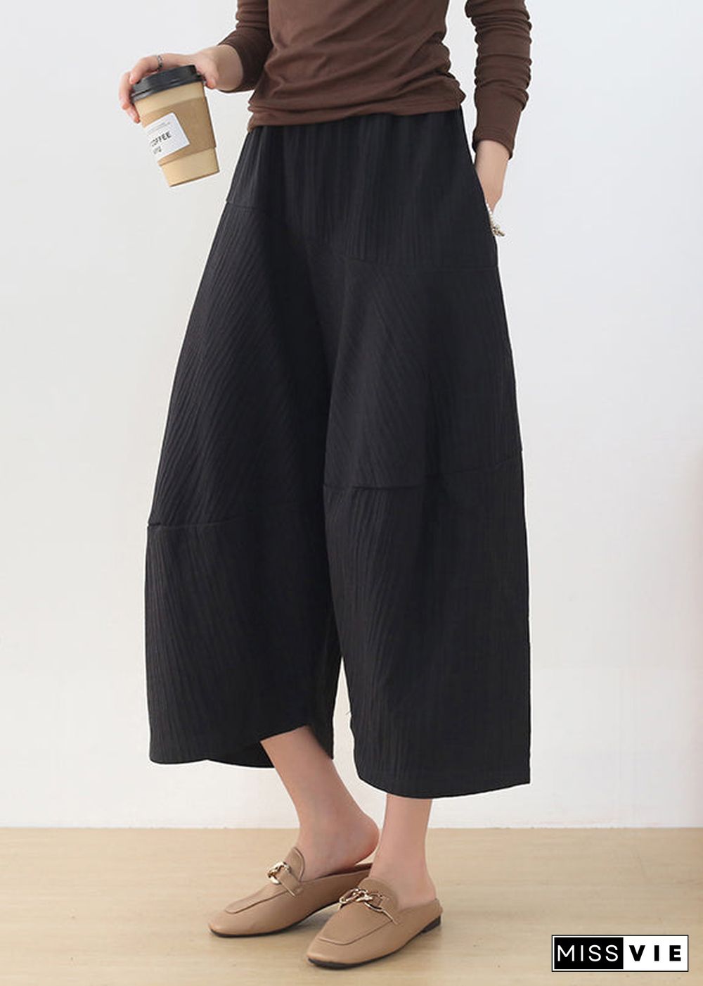 Casual Black Elastic Waist Pockets Linen Wide Leg Pants Fall