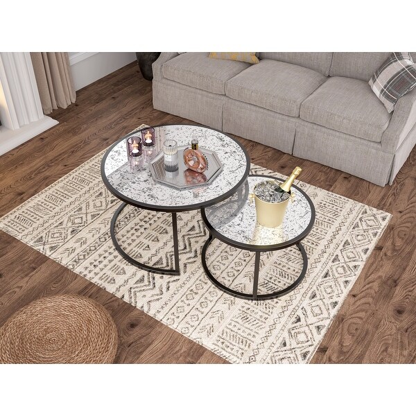 Round Coffee Table Set of 2 Set of 2 Nesting Tables， Metal Frame and Glass Top End Tables for Living Room Bedroom