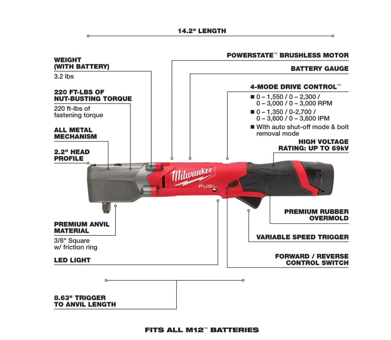 Milwaukee 2564-22 M12 FUEL 12V Lithium-Ion Brushless Cordless 3/8 in. Right Angle Impact Wrench Kit with Two 2.0 Ah Batteries