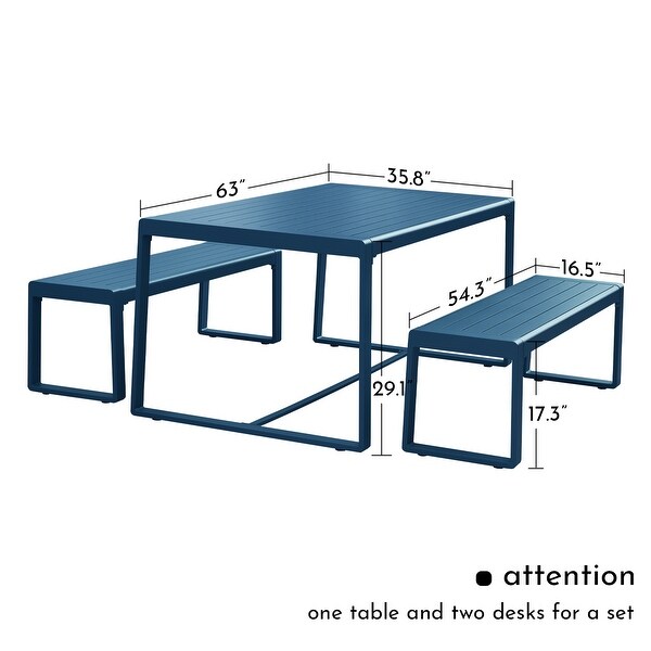 Aoodor Outdoor 3Piece Aluminum Picnic Table Set，Rectangular Patio Dining Table with Benches