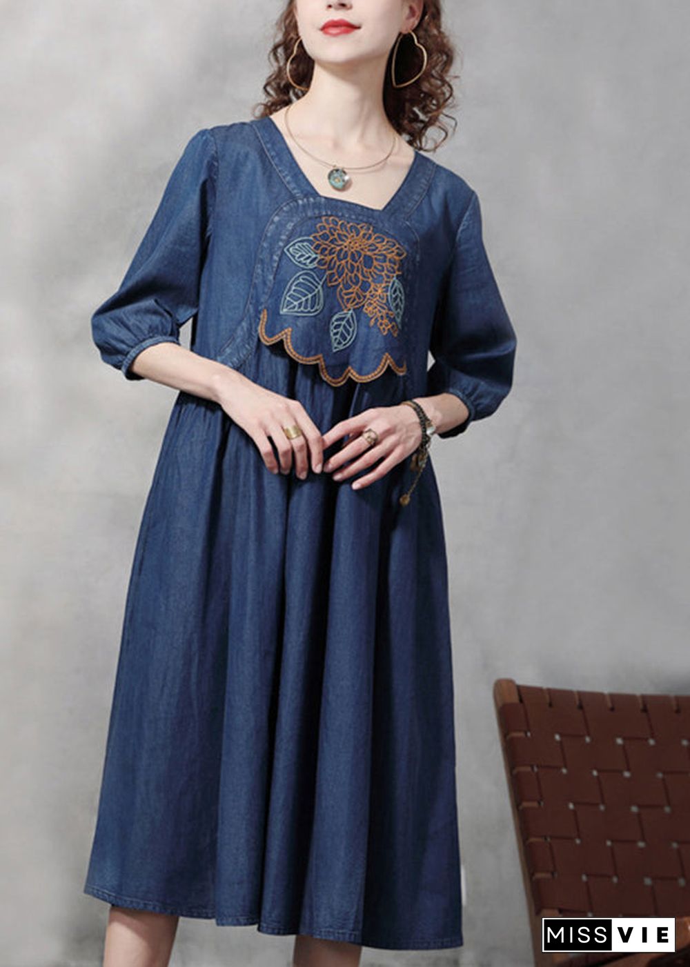 French Blue Cinched Square Collar Embroideried Cotton Denim Dresses Half Sleeve