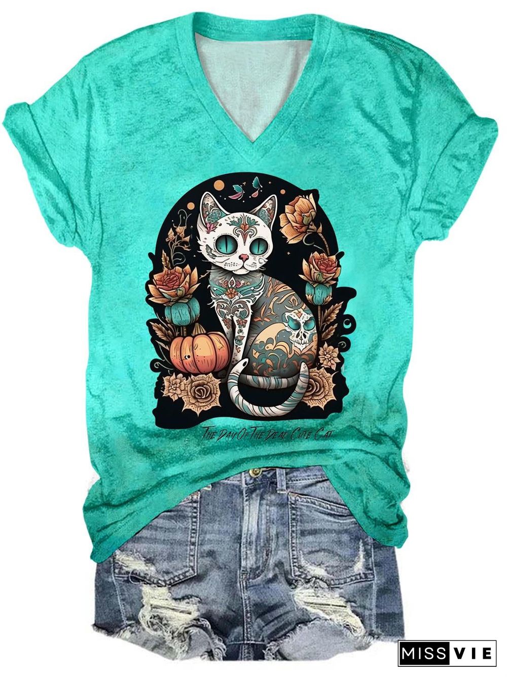 The Day Of The Dead Cat Print V Neck T-Shirt