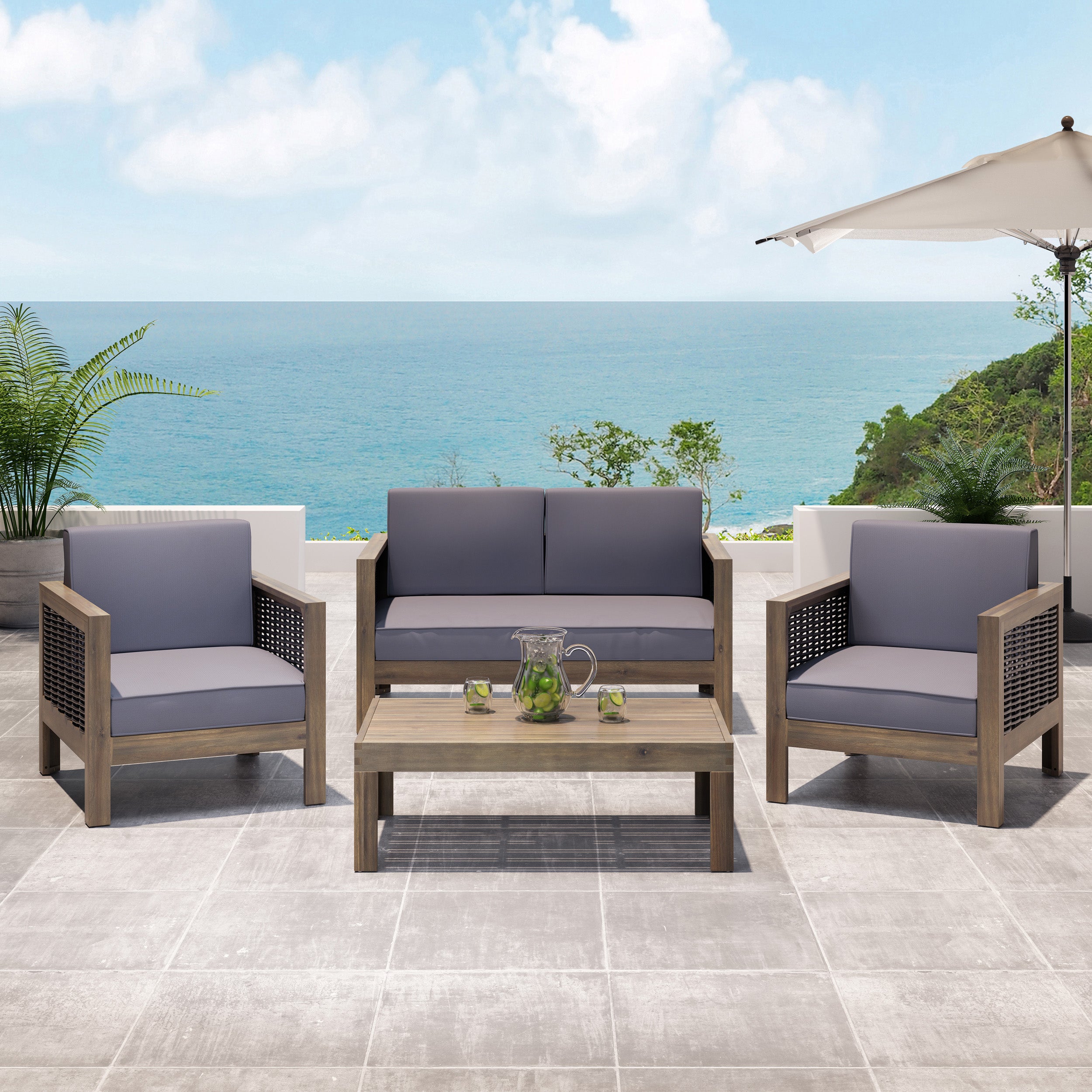 Mayes Outdoor 4 Seater Acacia Wood Chat Set with Wicker Accents