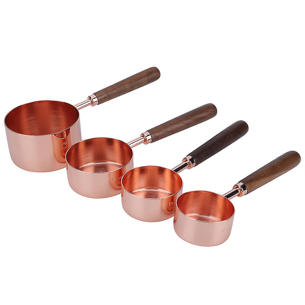 4PCS/Set Rose Gold Measuring Cup Spoon with Scale Thickened Wooden Handle Home Baking Tool