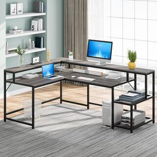 TRIBESIGNS WAY TO ORIGIN Perry 69 in. Grey Reversible Large Corner L Shaped Computer Writing Desk Monitor Stand Storage Shelf Home Office HD-JW0364-WZZ