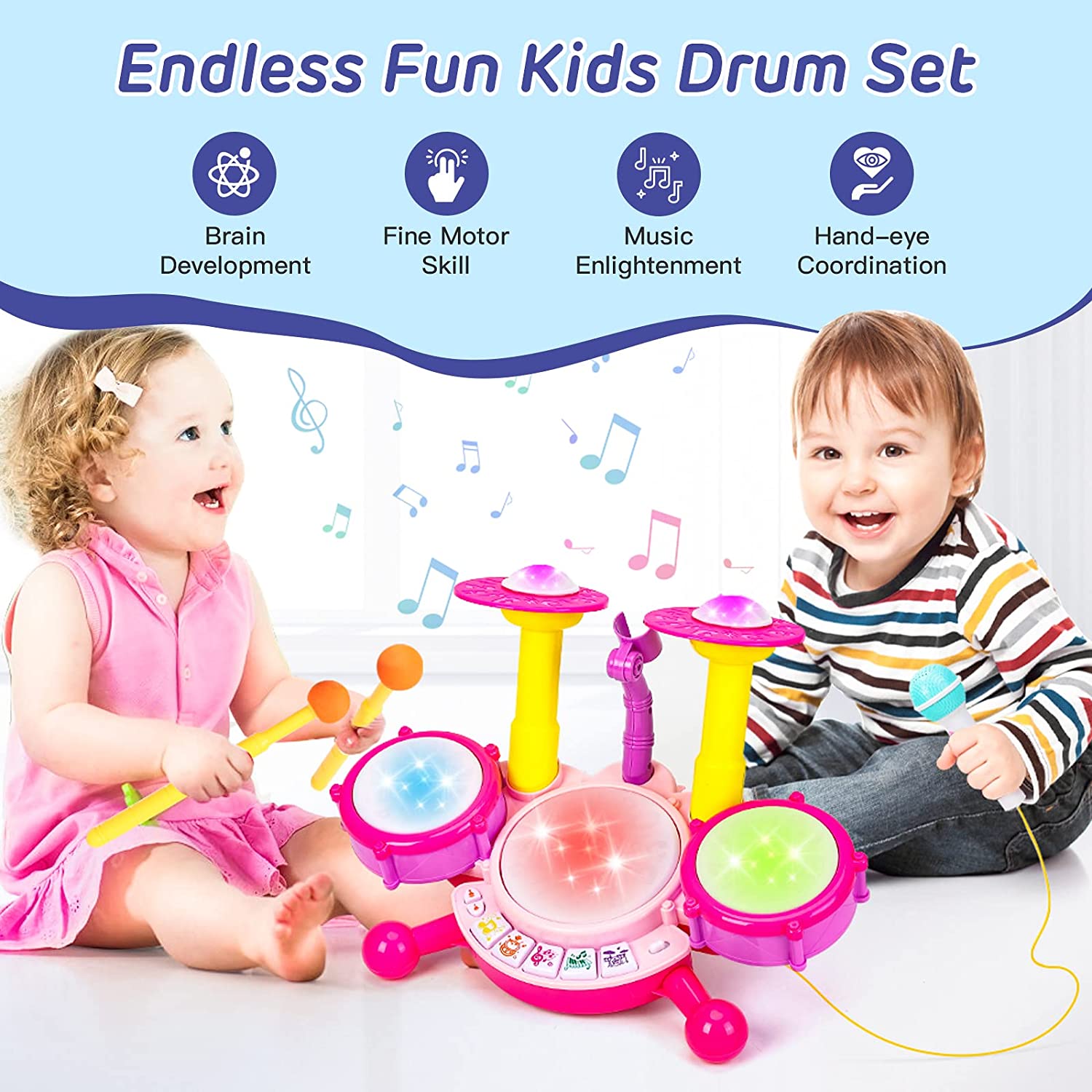 SUORFOXS Kids Drum Set for Toddlers 1-3 Musical Baby Girl Toys for 1 Year Old Girl Gifts