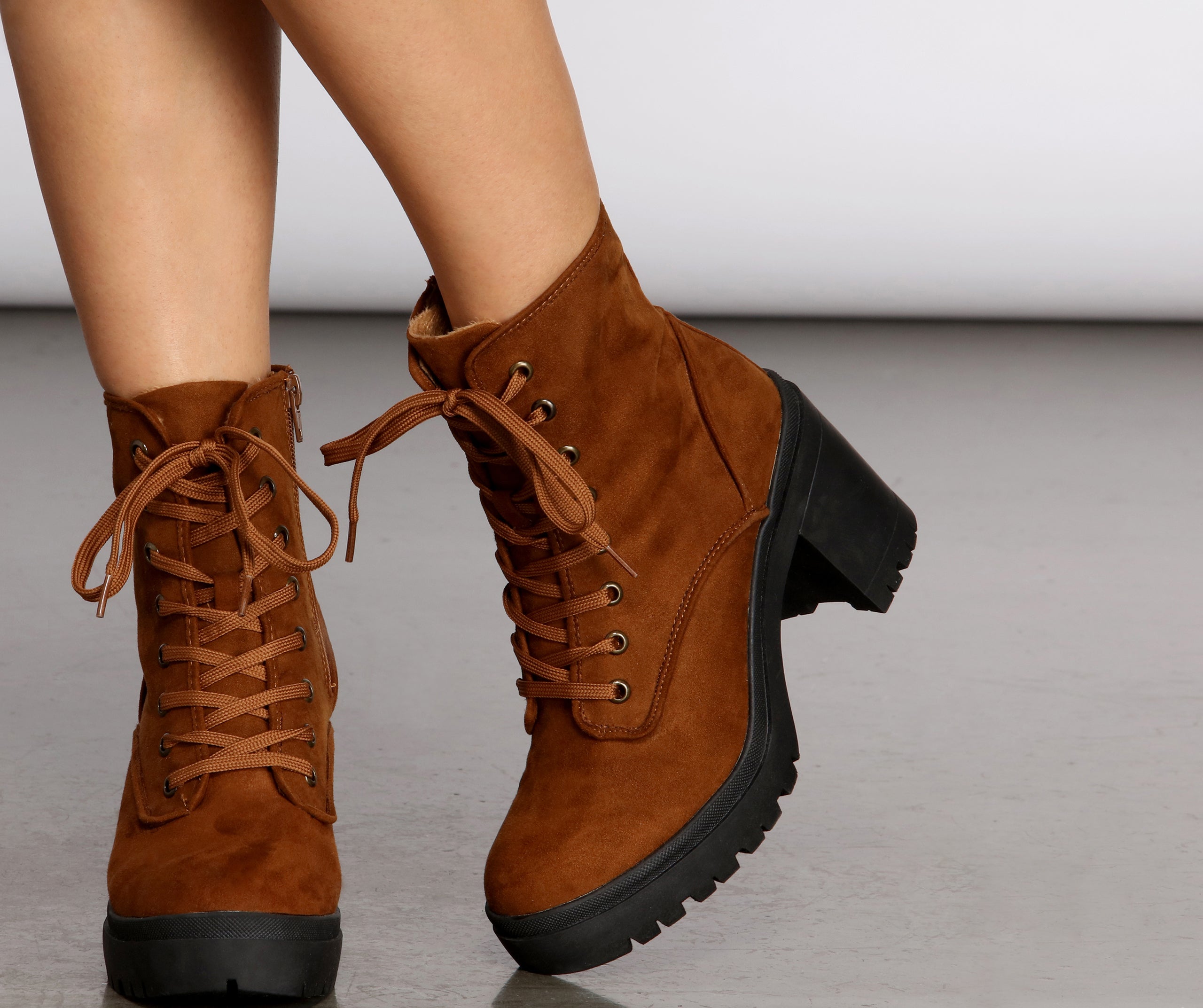 Keep It Glossy Lace Up Lug Heel Booties