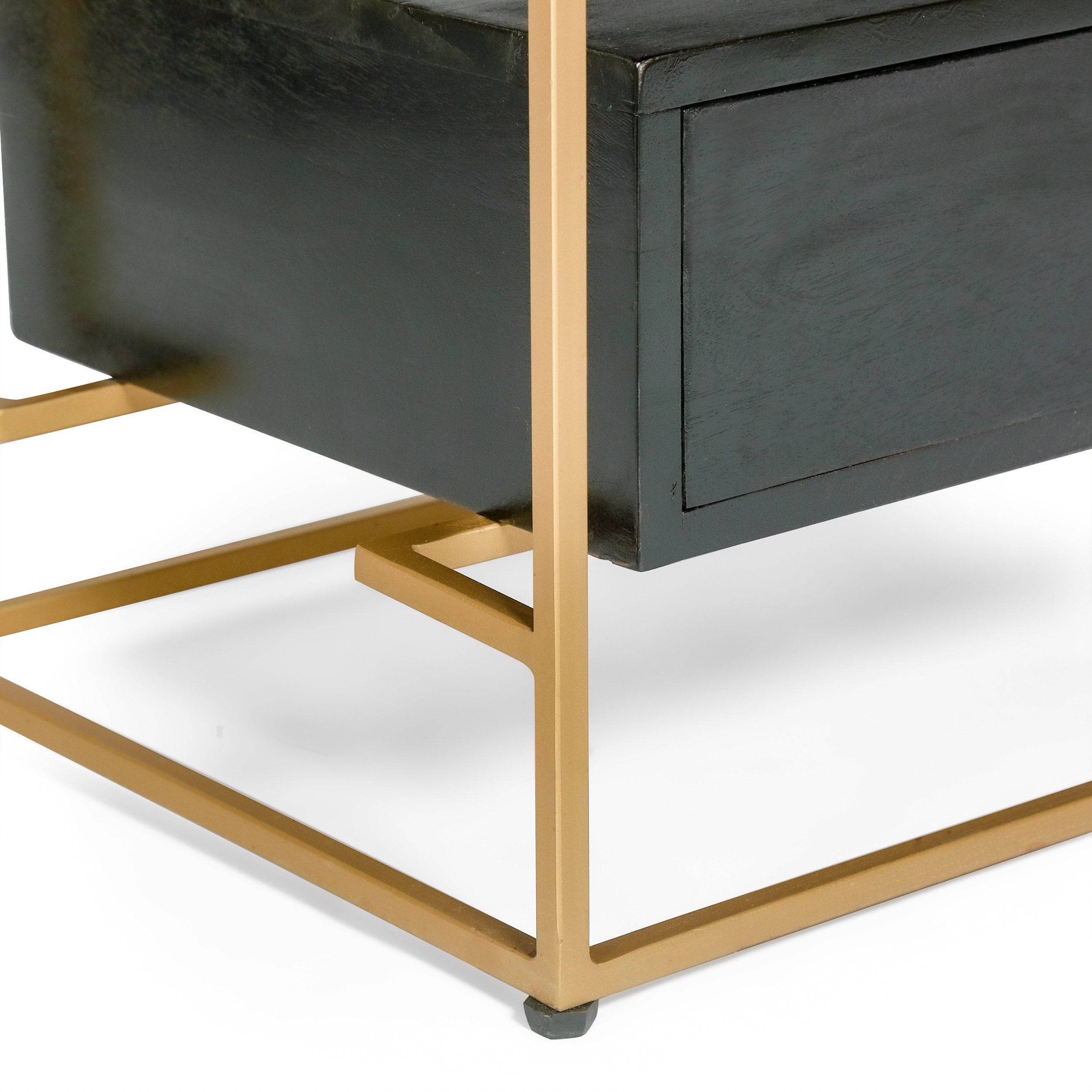 Sonne Modern Handcrafted 3 Drawer Glass Top Nightstand, Black and Brass