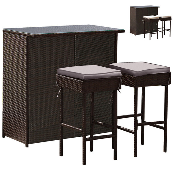 Costway 21389405 3PCS Patio Rattan Wicker Bar Tabl...