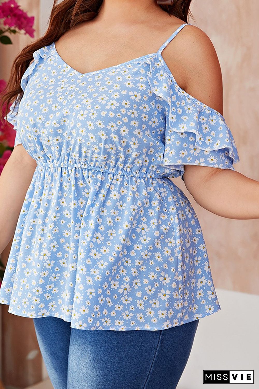 Light Blue Floral Print Hater Plus Size Blouse