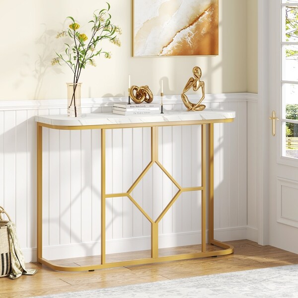 Modern Faux Marble Console Table for Entryway， Sofa Accent Table with Gold Metal Frame