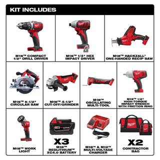 MW M18 18V Lithium-Ion Cordless Combo Kit (8-Tool) with Three 4.0 Ah Batteries 1 Charger 2 Tool Bag 2691-28XC