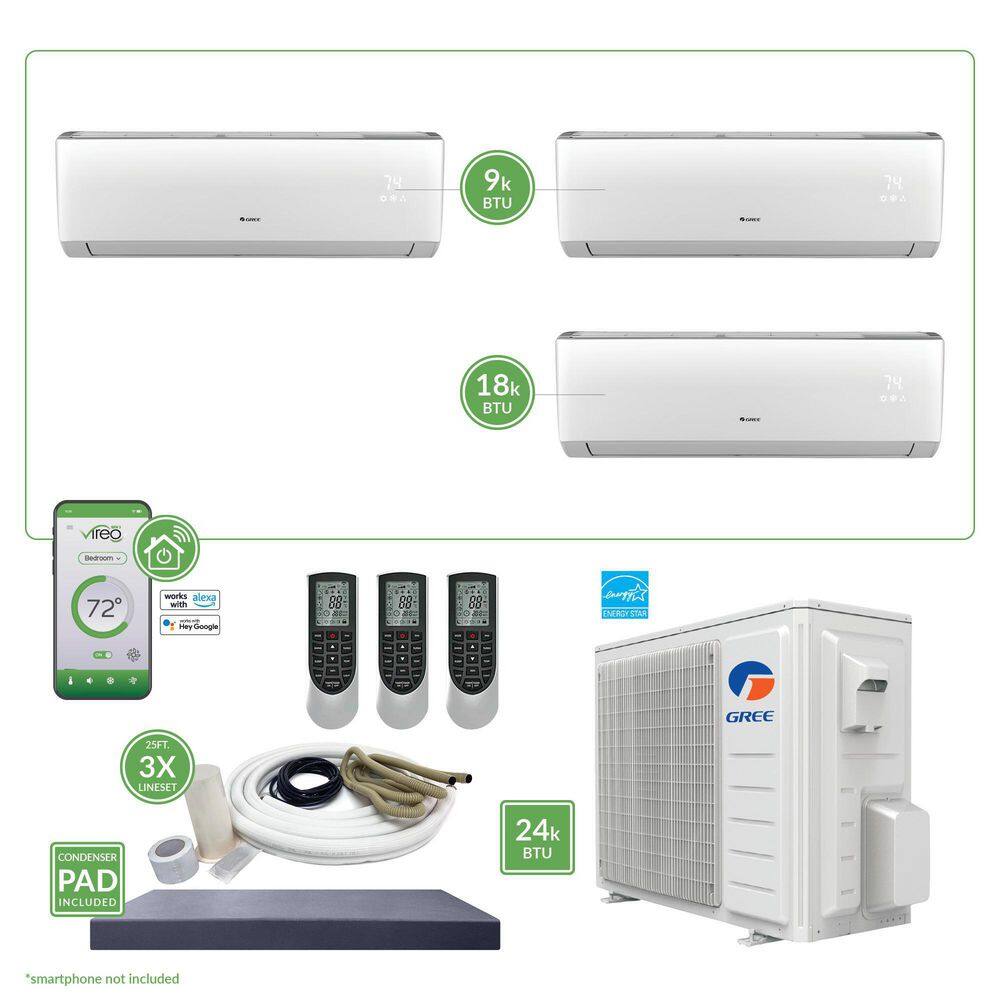 GREE Gen3 Smart Home Triple-Zone 24000 BTU 2 Ton Ductless Mini Split Air Conditioner  Heat Pump 25 ft. Install Kit 230V MULTI24VIR313HP