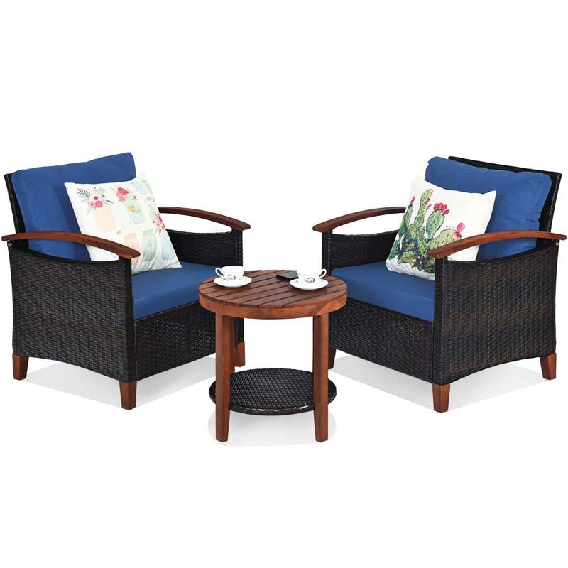 3 Pcs Patio Furniture Set Outdoor Rattan Sofa & Side Table Conversation Bistro Set with Acacia Wood Frame