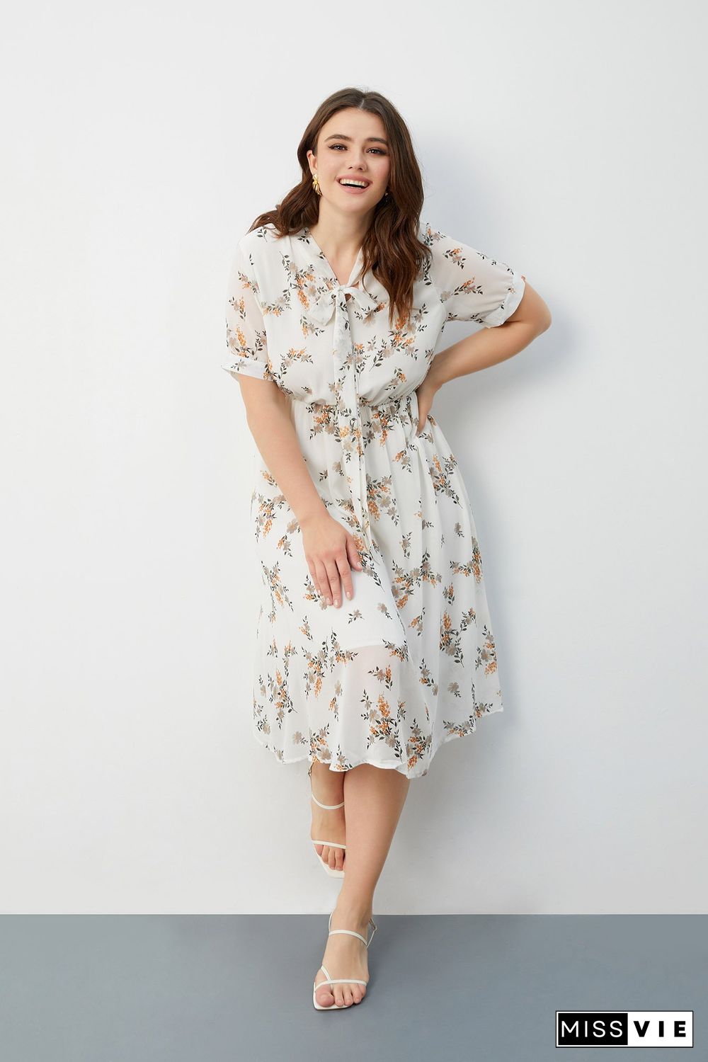 White Floral-print Tie-neck Midi Dress P16383