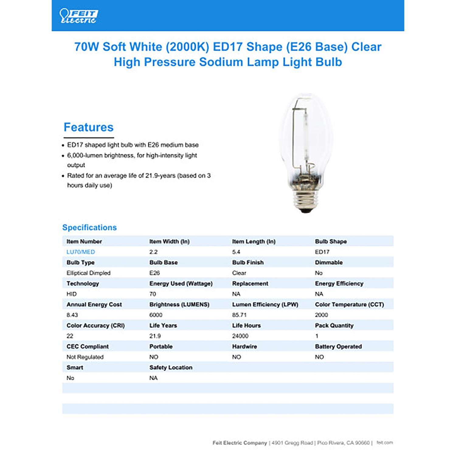 Feit 70 W ED17 HID Bulb 6000 lm Daylight High Pressure Sodium 1 pk