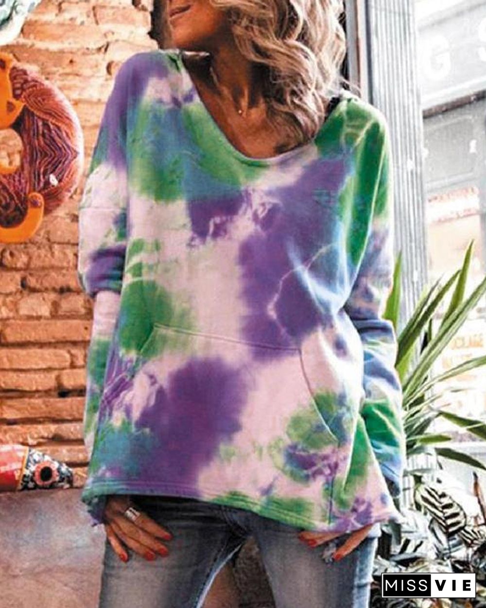 Women's Fashion Tie Dye Pocket Hoodie Sweatshirt