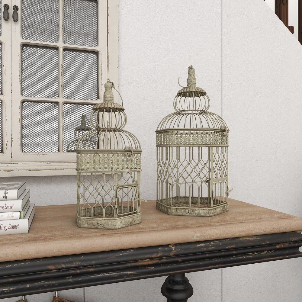 Cream Metal Vintage Birdcage with Latch Lock Closure and Hanging Hook (Set of 2)   10 x 10 x 21