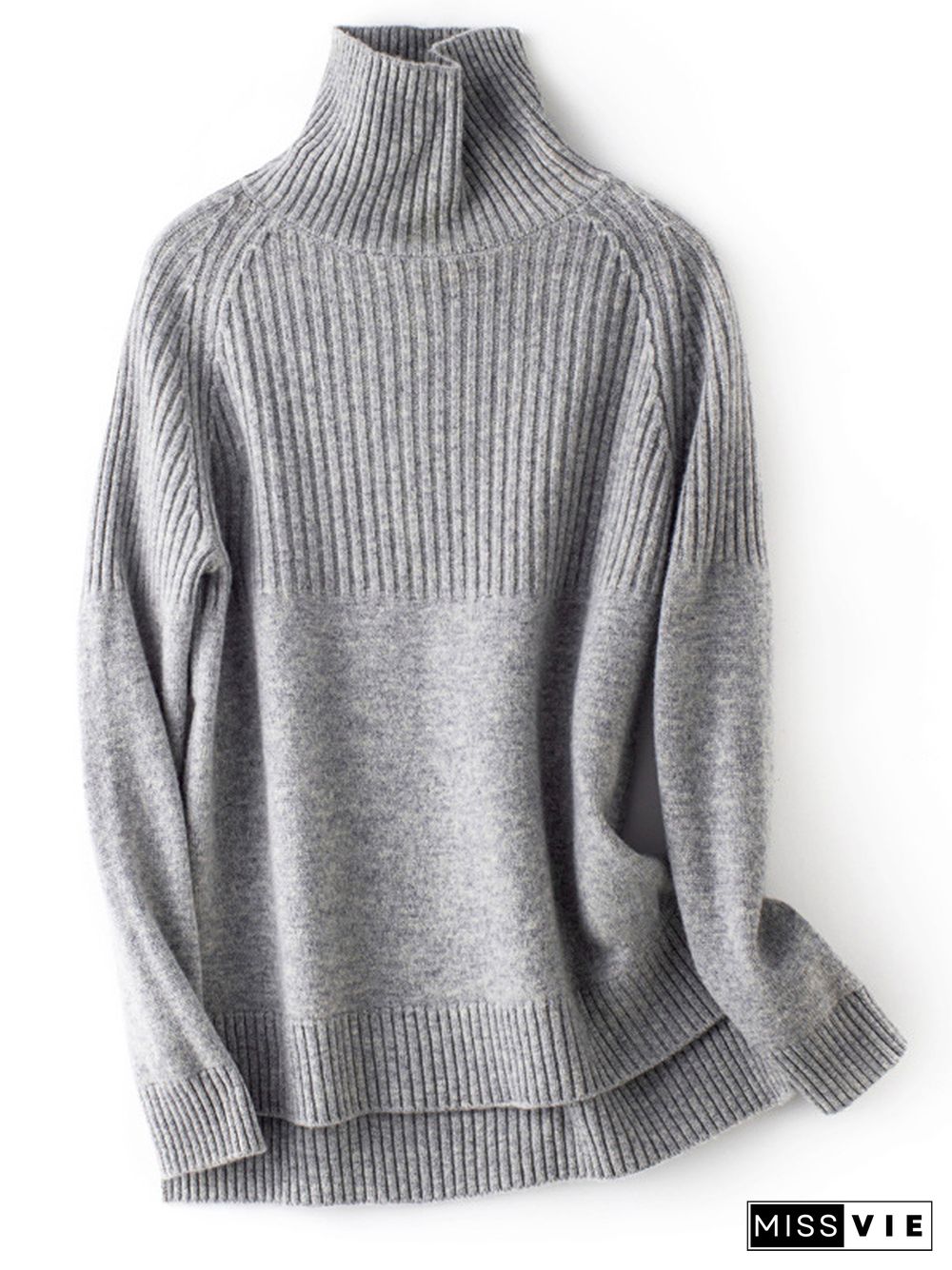 Casual Long Sleeves Loose Solid Color High-Neck Sweater Tops