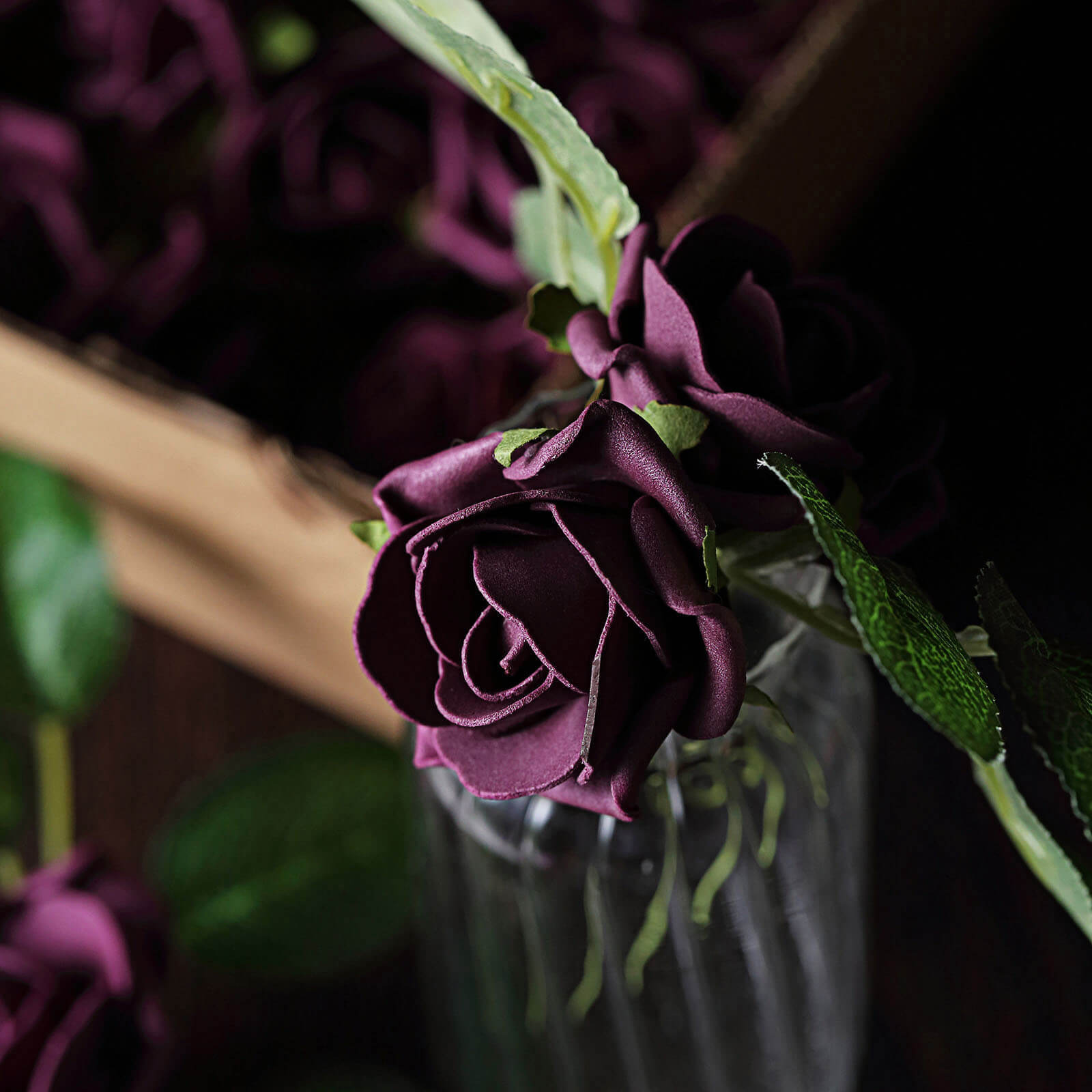 24 Roses Eggplant Artificial Foam Flowers With Stem Wire and Leaves 2