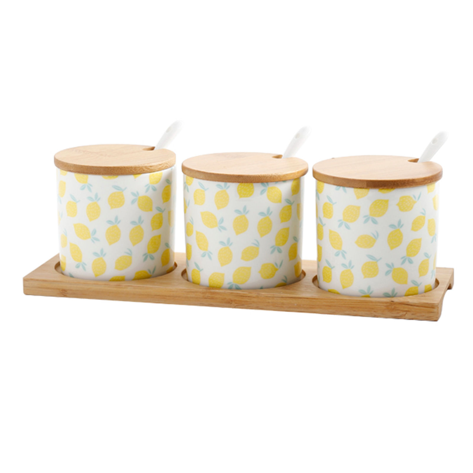 Cute Cartoon Sugar Bowl With Spoon， Fruit Pattern Sugar Container， Porcelain Moisture And Dustproof Spice Jars， Sugar Pot With Wooden Lid-lemon-200ML