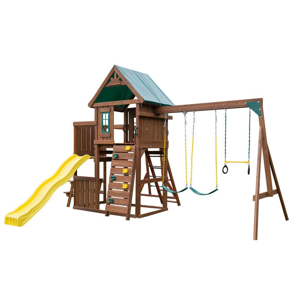 Swing-N-Slide Playsets Chesapeake Deluxe Complete Wooden Outdoor Playset with Slide Rock Wall Swings and Backyard Swing Set Accessories PB 8010