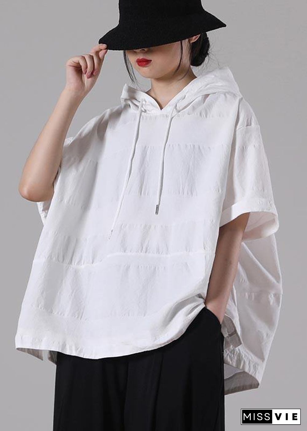 Women White hooded side open Cotton T Shirt Summer