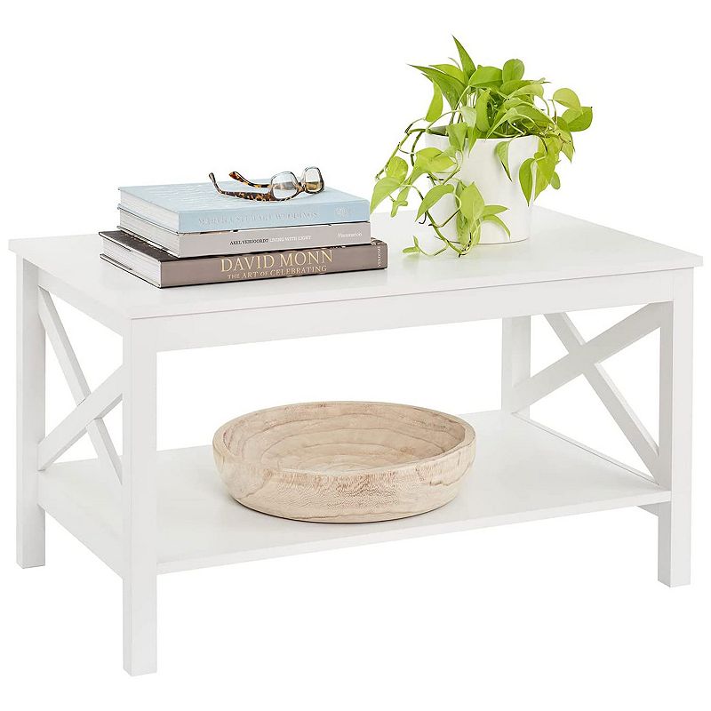 ClosetMaid X Frame Living Room Accent Coffee Table with Shelf Storage， White