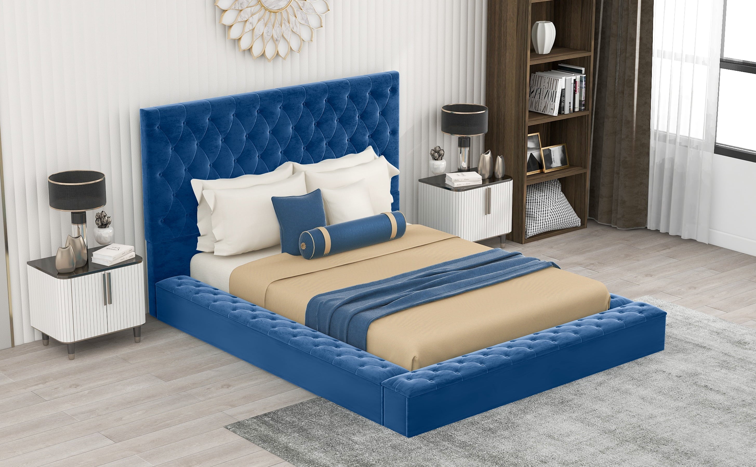 EUROCO Tufted Upholstery Platform Bed with Storage Compartments, Full for Kids Bedroom, Blue