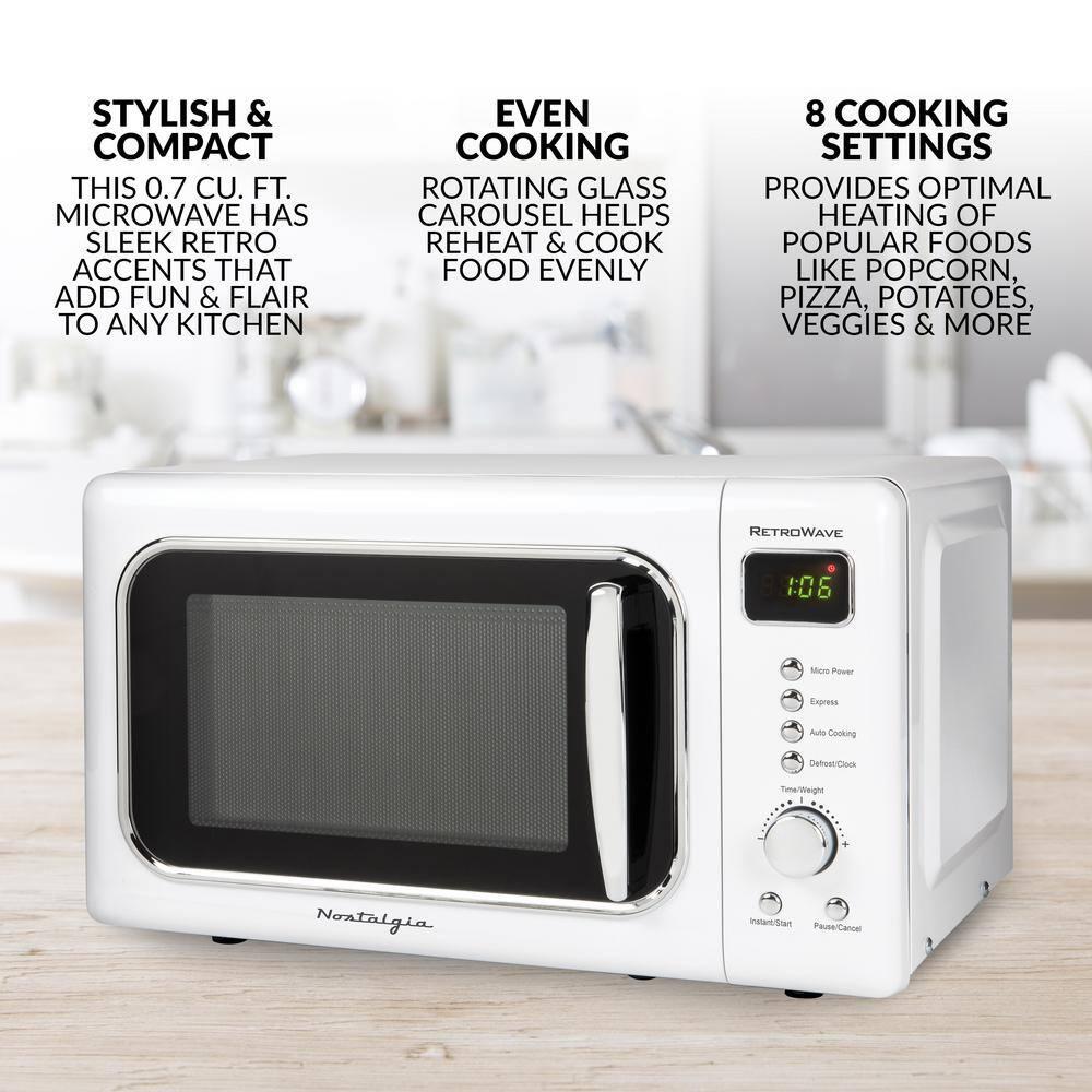 Nostalgia 07 cu ft Countertop Microwave in Retro White with Express Cooking