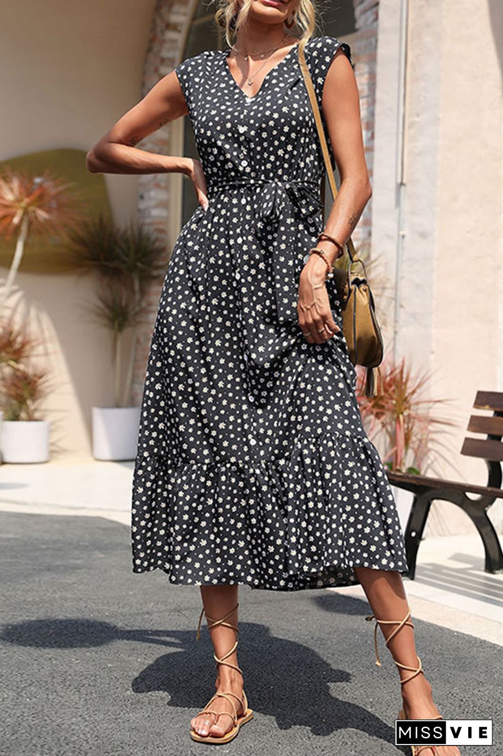 Black Floral V Neck Buttoned Maxi Dress