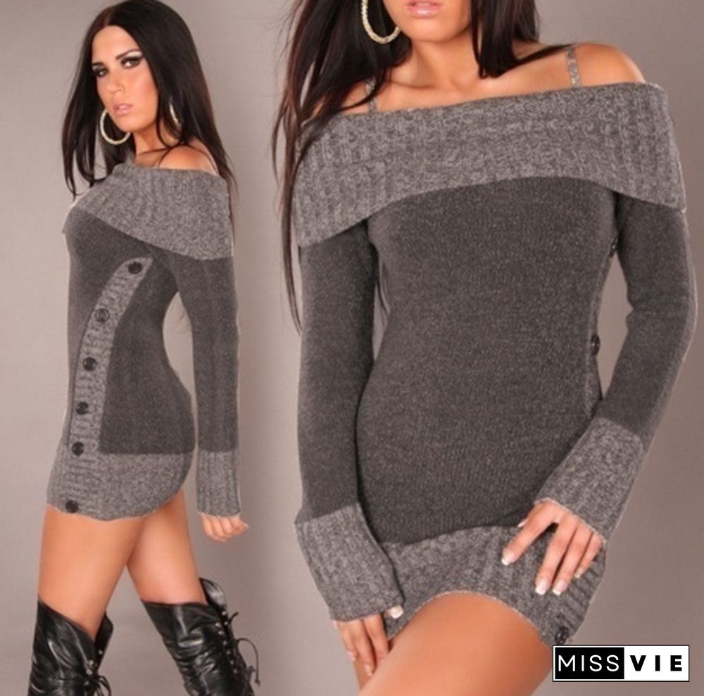 Jumper Long Sweater Tops Ladies Womens Knitted Mini Dress Long Sleeve Package Hip Off Shoulder Sheath Dress