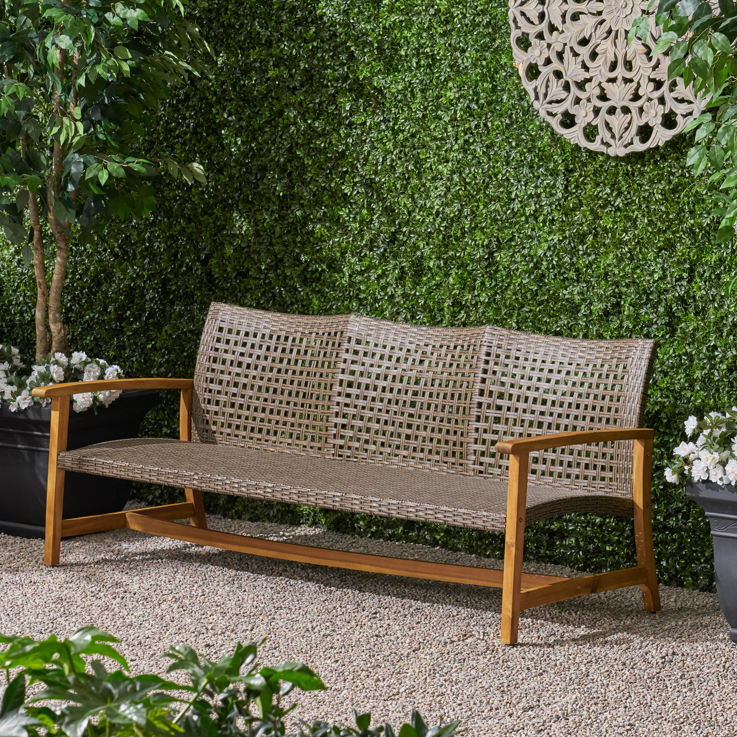 Marcia Outdoor 3-Seater Wicker Weave Sofa with Acacia Wood Frame