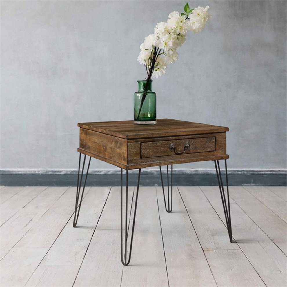 Bowery Hill Wood 1 Drawer End table in Rustic Oak and Black Finish   Midcentury   Side Tables And End Tables   by Homesquare  Houzz