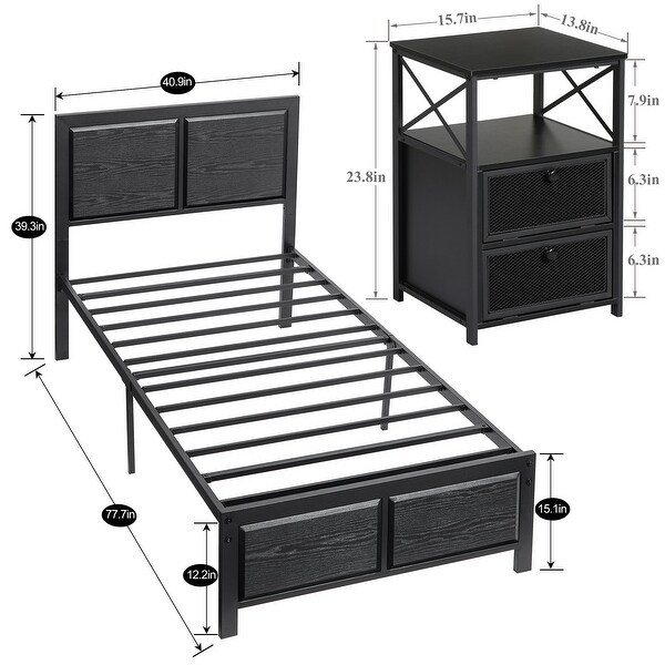 Industrial 3 Piece Bedroom Set Platform Bed Frame and Nightstands Set of 2， Black - - 37127705