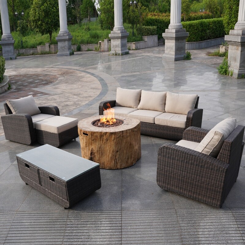 6 Piece Patio Wicker Sofa Set with Firepit and Table