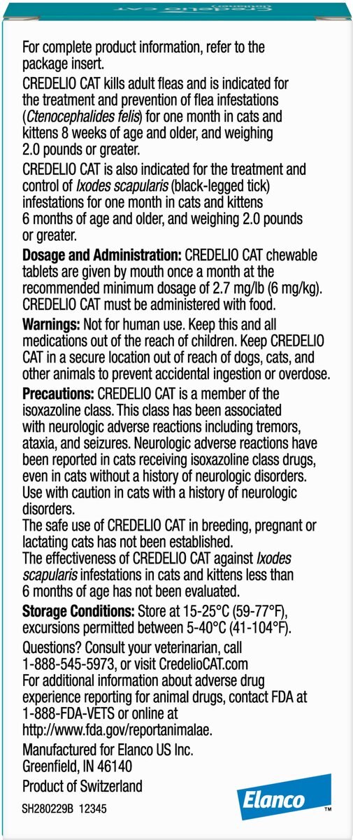 Credelio Chewable Tablets for Cats， 4.1-17 lbs， (Teal Box)