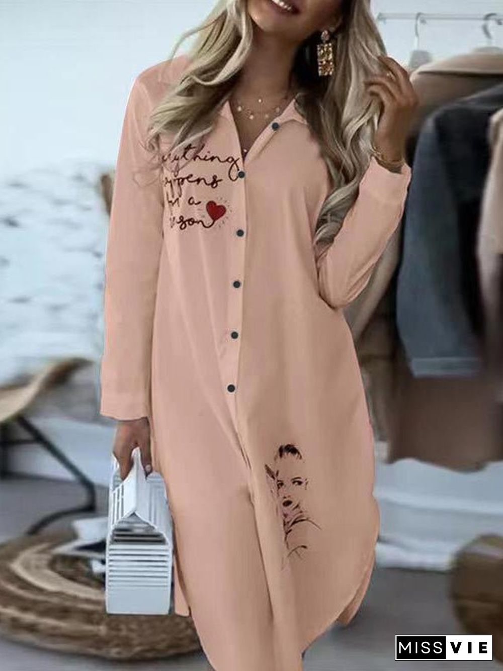 Women'S Dresses Loose Lapel Long Sleeve Shirt Dress