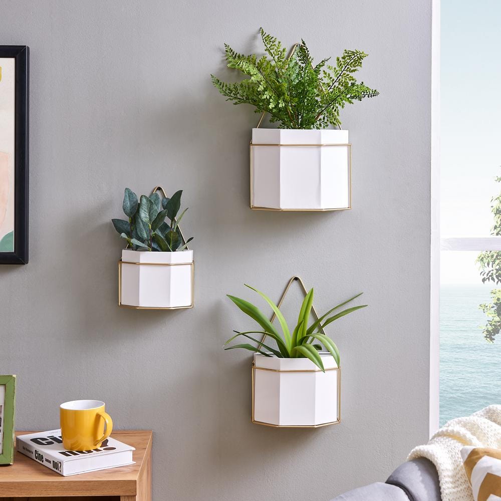 DANYA B Geometric White and Gold Metal Wall Mounted Planters (Set of 3) FHB1469