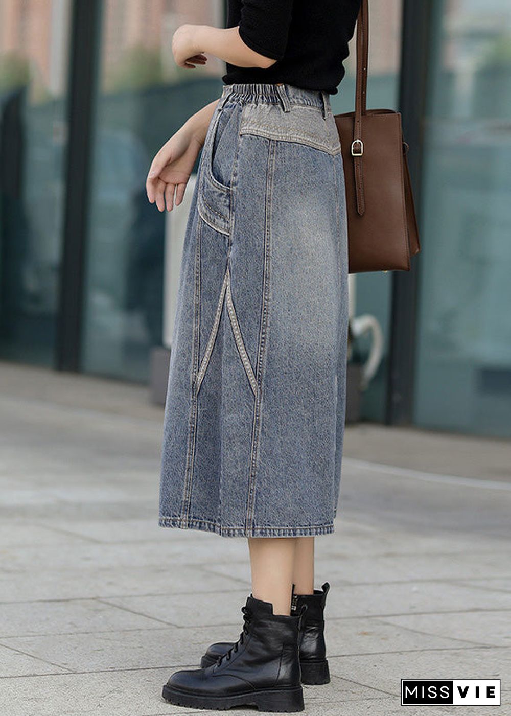 Classy Denim Blue Patchwork Elastic Waist A Line Skirt