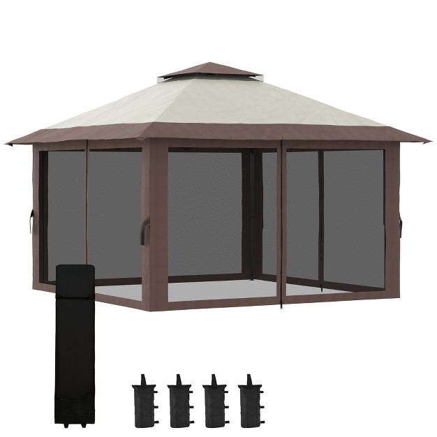 Outsunny 13 x27 X 13 x27 Pop Up Canopy Gazebo Tent With Netting Weight Bags Adjustable Height amp Wheeled Carry Bag Beige