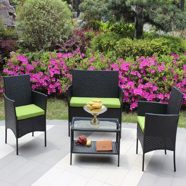 4Piece Wicker Patio Conversation Set with White Cushion