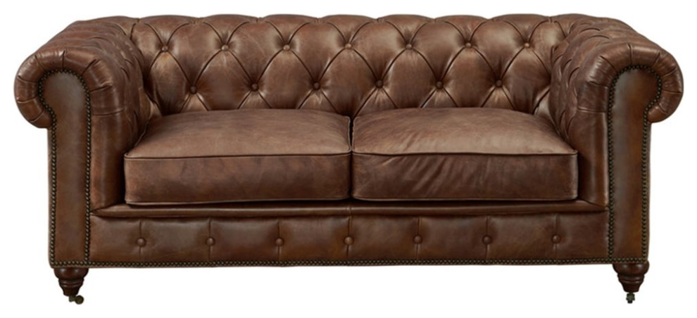 Century Top Grain Leather Chesterfield Love Seat  Bark Brown Leather   Traditional   Loveseats   by Homesquare  Houzz