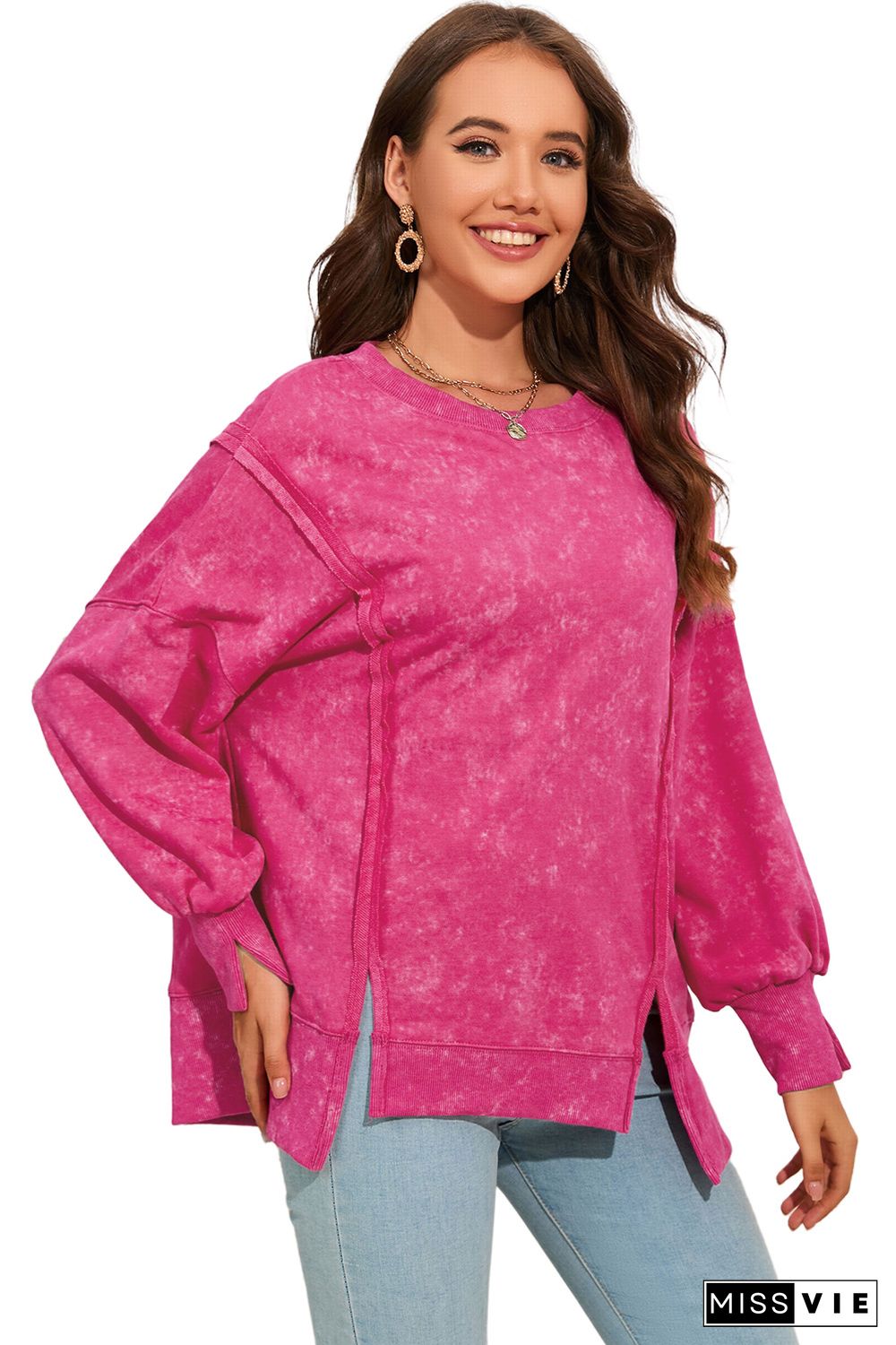 Rose Acid Wash Relaxed Fit Seamed Pullover Sweatshirt with Slits