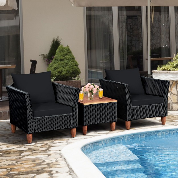 Costway 3 Pcs Outdoor Patio Rattan Bistro Furniture Set Wooden Table Top Cushioned Sofa Black Brown