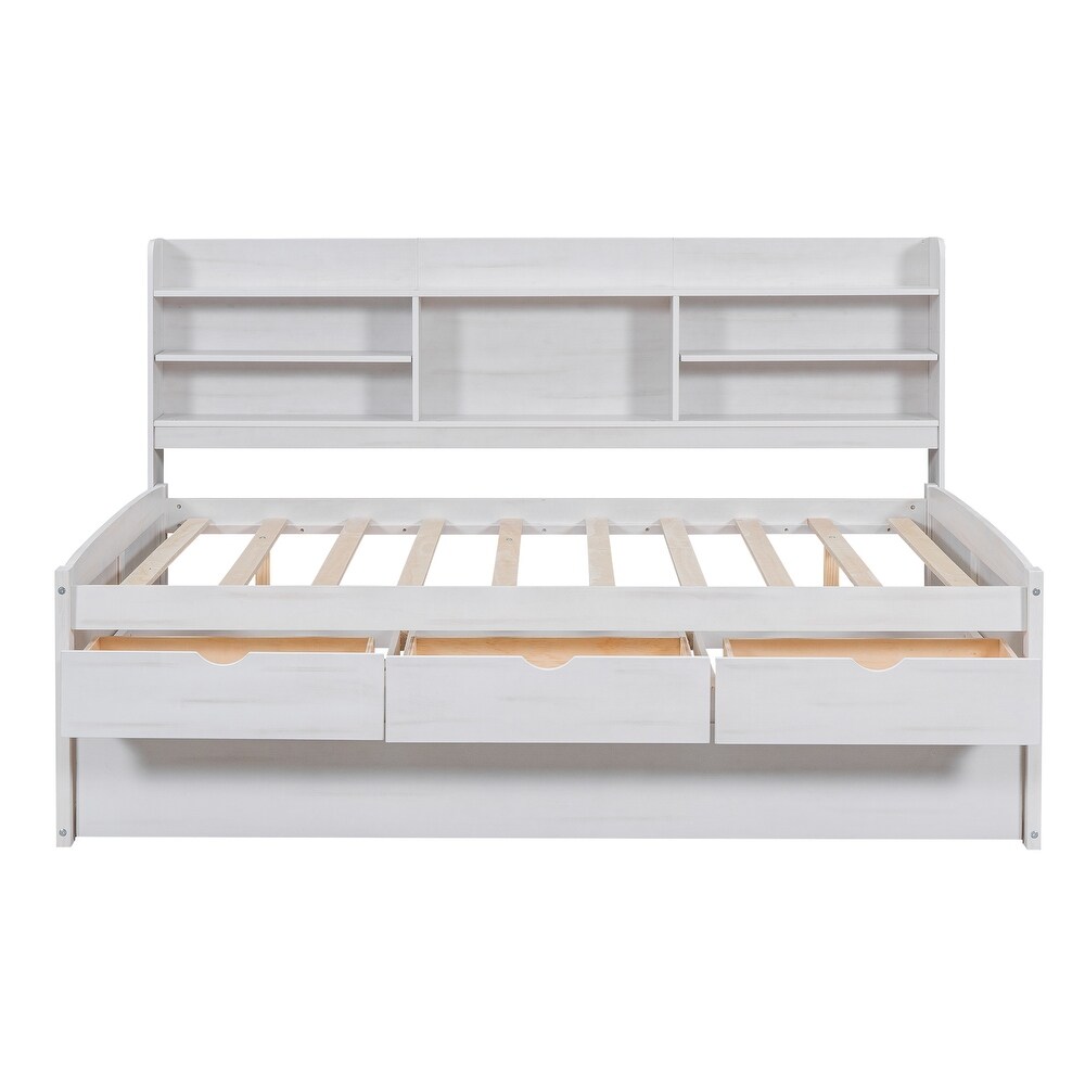 Full Size Wooden Captain Bed with Built in Bookshelves  3 Storage Drawers and Trundle  White