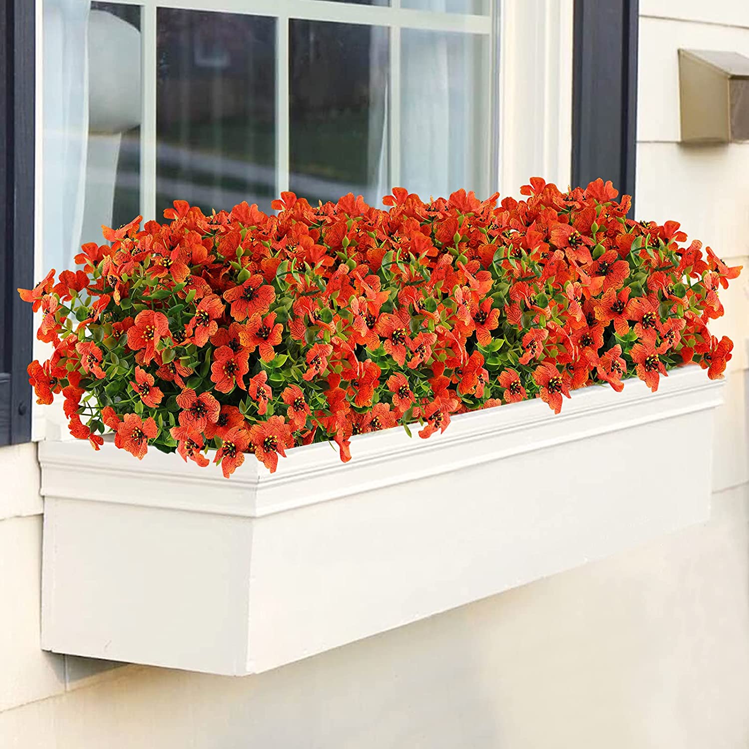 GRNSHTS 6 Bundles Artificial Flowers UV Resistant Fake Plants Outdoor Faux Plastic Flowers Garden Window Box Porch Home Decor (Orange Red)