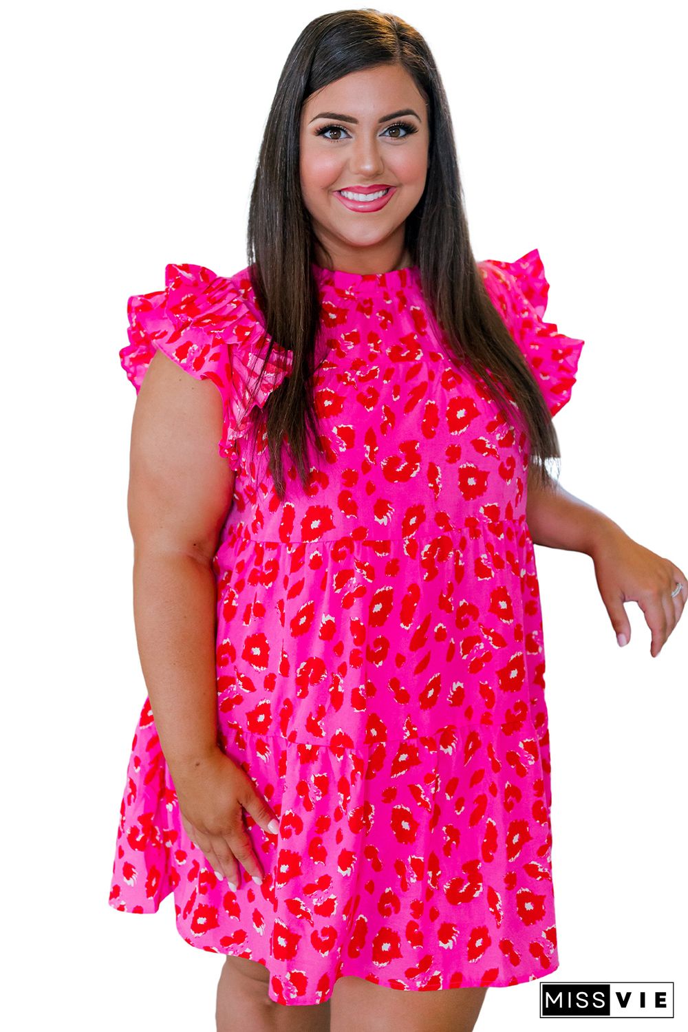 Rose Leopard Print Frilled Sleeveless Plus Size Mini Dress