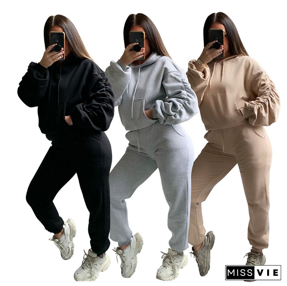 Fashion Solid Color Pile Sleeve Hoodies Sweatpants Outfit