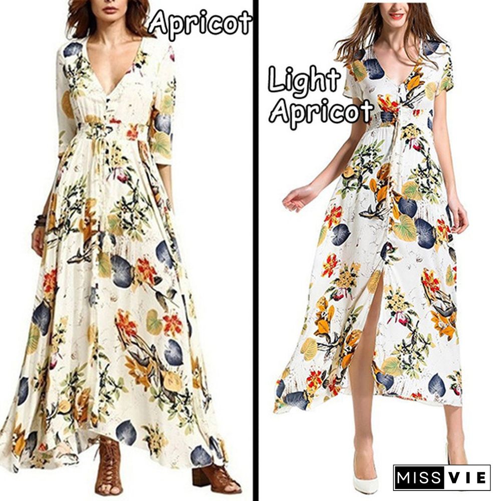 Fashion Bohemian Dress Womens V Neck Floral Print Big Swing Long Dress